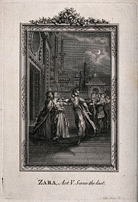 The Sultan stabs Zara in the chest: the finale of the play Zaire (Zara) by Voltaire. Etching.