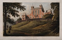 The Royal Observatory, Greenwich Hill, seen from below. Coloured aquatint after T. H. Shepherd, 1824.