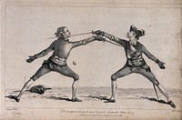 Fencing: two men are practising their positions. Engraving by Hall after I. Gwyn.