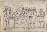 Paris: a medical professor taking the pulse of a sick man in a hospital bed while medical students watch and take notes. Drawing by J.H. Marlet, ca. 1810.