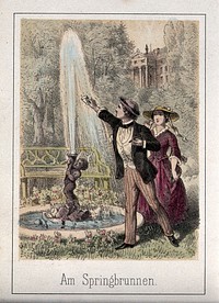 A young man holds up a cup to the fountain to collect water to give to the young woman. Coloured lithograph.
