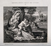 Saint Mary (the Blessed Virgin) and Saint Joseph with the Christ Child and Saint John the Baptist. Engraving after Palma Vecchio.
