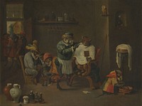 A monkey barber-surgeon's establishment. Oil painting after David Teniers the younger.
