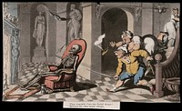 The dance of death: the porter's chair. Coloured aquatint after T. Rowlandson, 1816.