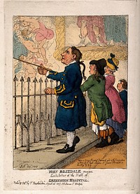 A Greenwich Pensioner showing the Thornhill decorations in the Painted Hall to a family of visitors. Coloured etching by T. Rowlandson after [J. N.] Esq, 1807.