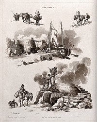 Men working in lime kilns: some are loading a boat, others are firing the kilns, and donkeys carry away loaded panniers. Aquatint with etching by W.H. Pyne, 1804.