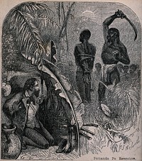 A white man hides behind a make-shift shelter made from banana-leaves watching the beheading of a naked black man with a hatchet. Wood engraving by H.S. Melville.