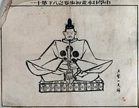 A man seated on a dais, holding a pipe or stick. Woodcut, 18--.