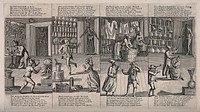 Four scenes from W. Combe's verse Dr. Last or the devil upon two sticks, a parody of the Royal College of Physicians, and in particular John Fothergill. Engraving after W. Combe.