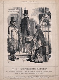 Three men seeking lodgings standing on the doorstep of a house where the charwoman (Benjamin Disraeli) addresses them from the window; representing the enfranchisement of lodgers. Process print, 1878, after J. Tenniel, 1867.