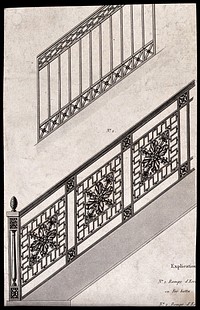 Architecture: two designs for stair balustrades. Etching.