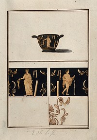 Above, red-figured Greek drinking cup (skyphos); below, detail of the decoration showing a woman holding a rabbit and a naked man with a walking stick. Watercolour by A. Dahlsteen, 176- .