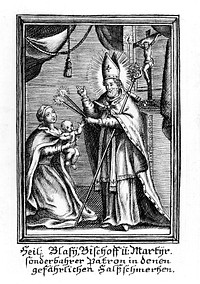 M0005647: Saint Blaise blessing a baby with a throat disease