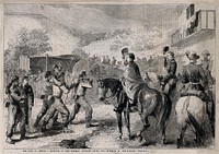 American Civil War: officers saluting the wounded being brought in after the battle of Lewinsville, Virginia, 1861. Wood engraving by F. Skill.