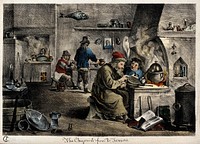 An alchemist with his assistants in his laboratory. Coloured lithograph by J. Cullum, ca. 1840, after D. Teniers the younger, 1640/1650.