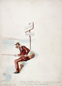 The Panama Canal: Dr Cornelius Herz, one of those responsible for its financing, having fled France, spends his time fishing in Bournemouth. Watercolour drawing by H.S. Robert, ca. 1897.