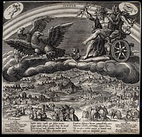 Jupiter in his chariot drawn by eagles. Engraving by J. Sadeler after M. de Vos.