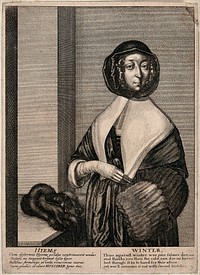 An elegant lady with gloves, mask and fur muff; representing Winter. Etching by W. Hollar.