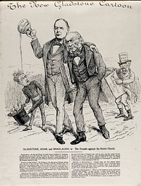 William Gladstone with Charles Bradlaugh who is splilling the content of a cup on which is written "Fruits of philosophy Bradlaugh" on to Rosebery's face; William Adam is shown behind. Engraving, ca. 1880.