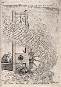 The head of King Louis XVI being cut off by a guillotine. Etching by James Gillray, 1793.