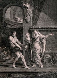 Zenobia, ruler of the Palmyrene empire, is besieged in Antioch by the Roman emperor Aurelian, and gives orders for the moving of her treasure: a man carrying a large vessel filled with coins carries it past the tomb of Odenathus. Line engraving by Charles Etienne Gaucher, 1789, after J. Werner.