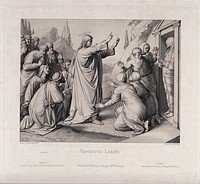 Christ raises Lazarus from his tomb. Etching by F. Ludy after J.F. Overbeck, 1849.
