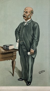Sir Henry Charles Burdett. Coloured lithograph after J. P. Mellor [Quiz], 1898.