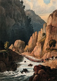 Cavalry marching through a mountain river, Afghanistan. Watercolour.