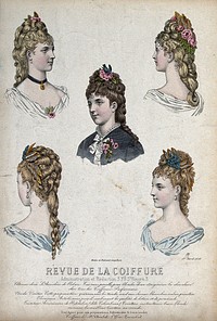 The heads and shoulders of five women with their hair combed back and dressed with chignons, flowers, jewellery and a blue-bird. Coloured line block, 1876.
