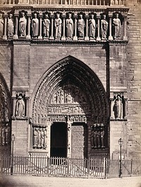 Notre Dame Cathedral, Paris, France: the Portal of St. Anne (west facade, right door). Photograph by Achille Quinet, ca. 1870.