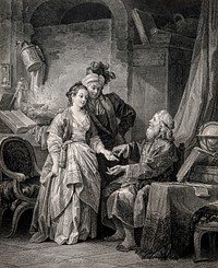 A fortune-teller reading the palm of a young woman accompanied by a young man wearing oriental clothes. Etching by I.-S. Helman, 1785, after J.-B. Le Prince.