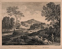 An Italian landscape; a village in the background; men in the foreground. Engraving by J.B. Chatelain after G. Poussin, 1741.