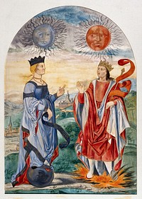 A moon above a queen dressed in blue, and a sun above a king dressed in red; representing two alchemical principles: the dissolving 'lac virginis' (mercury) and the coagulating masculine principle (sulphur). Watercolour painting by E.A. Ibbs.