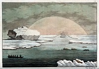 Meteorology: the sun in Baffin Bay disperses thick fog in the shape of a semicircle. Coloured etching by P. Fumagalli, 1827, after B. O'Reilly.