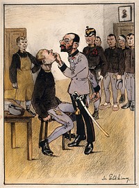A Jewish military "money surgeon" searches the mouth of a prisoner of war for gold fillings , others watch and wait. Coloured pen and ink drawing.