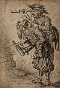 A Zouave soldier, holding a poison bottle, is carrying on his back Napoleon III, Emperor of the French, who is looking through a telescope. Drawing, 18--.