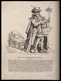 A man absurdly well-prepared for the cholera epidemic of 1832; representing the overabundance of questionable remedies and protections against cholera. Etching, c. 1832.