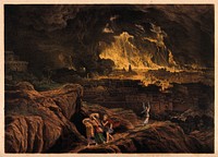 Lot and his family flee Sodom as it burns; Lot's wife faces the terrible scene, aghast. Coloured lithograph after J. Martin.