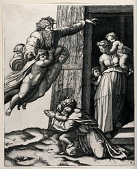 God, supported by three angels, appearing to Noah, who kneels before him while a boy sleeps in his arms; Noah's wife, with two children emerges from a doorway behind. Collotype after M. Raimondi after Raphael.