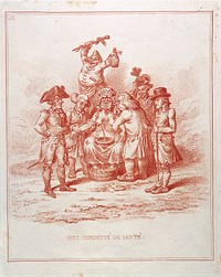 The countries of Europe representing physicians and surgeons trying to regenerate a woman personifying the Dutch republic. Etching attributed to James Gillray, 1796, after David Hess.
