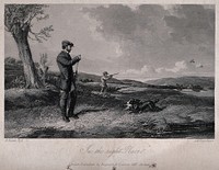 Men are out shooting pheasant on the moors, a dog is returning with the catch in his mouth. Engraving by J.H. Engelheart after A. Cooper.