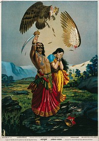 Ravana slaughtering Jatayu the vulture, while an abducted Sita looks away in horror. Chromolithograph by R. Varma.