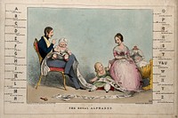 Prince Albert and Queen Victoria instructing their children in the alphabet; a political alphabet frames the image. Coloured lithograph by H.B. (John Doyle), 1843.