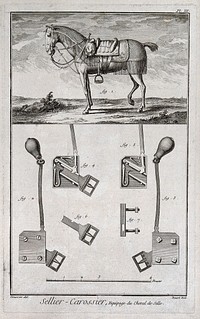 A horse (top) showing all the fashionable tack, and details of the locking mechanism for the tack (below). Engraving, c.1762, by R. Benard after L.J. Goussier.
