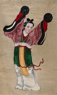 A female Chinese deity with cymbals. Gouache painting by a Chinese artist, ca. 1850.