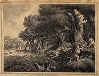 Hounds chasing otters into the reach of men holding spears in a river. Etching by W. S. Howitt.