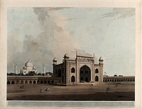 Gateway to the Taj Mahal, Agra, Uttar Pradesh. Coloured aquatint by Thomas Daniell, 1796.