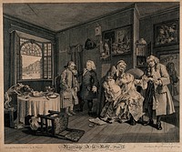 The countess, having taken a dose of laudanum nears death, and is kissed by her sickly child held towards her by an elderly maid; her father slips her ring from her finger. Engraving by Louis Gérard Scotin after William Hogarth, 1745.