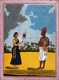 Indian silk weaver and spinner with wife. Gouache drawing.
