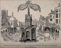 The King's bath, a therapeutic steam bath with a gothic structure in the centre and surrounded by other buildings. Reproduction of a pen drawing after J. Fayram.